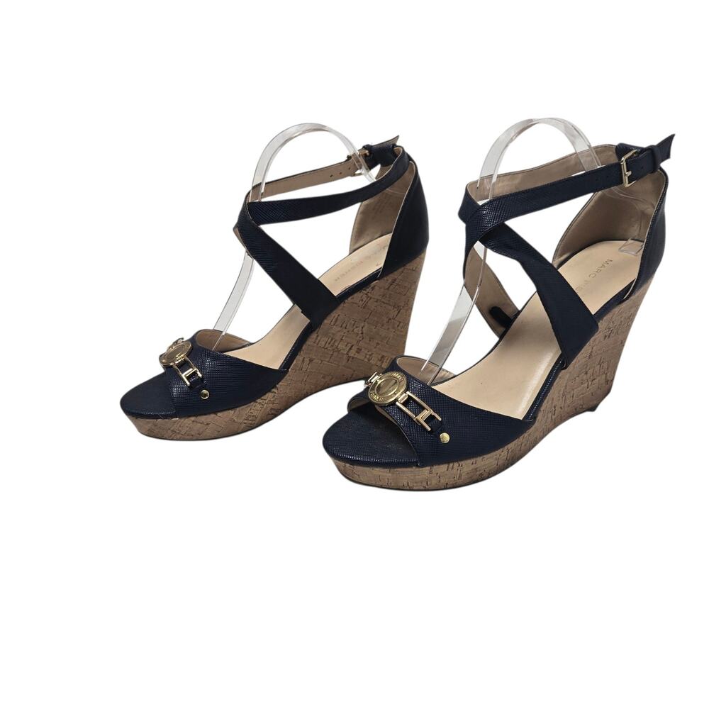 Marc Fisher Cork Heel Wedges 4" heels Open Toe Size 11M Very Dark Blue - Picture 3 of 7